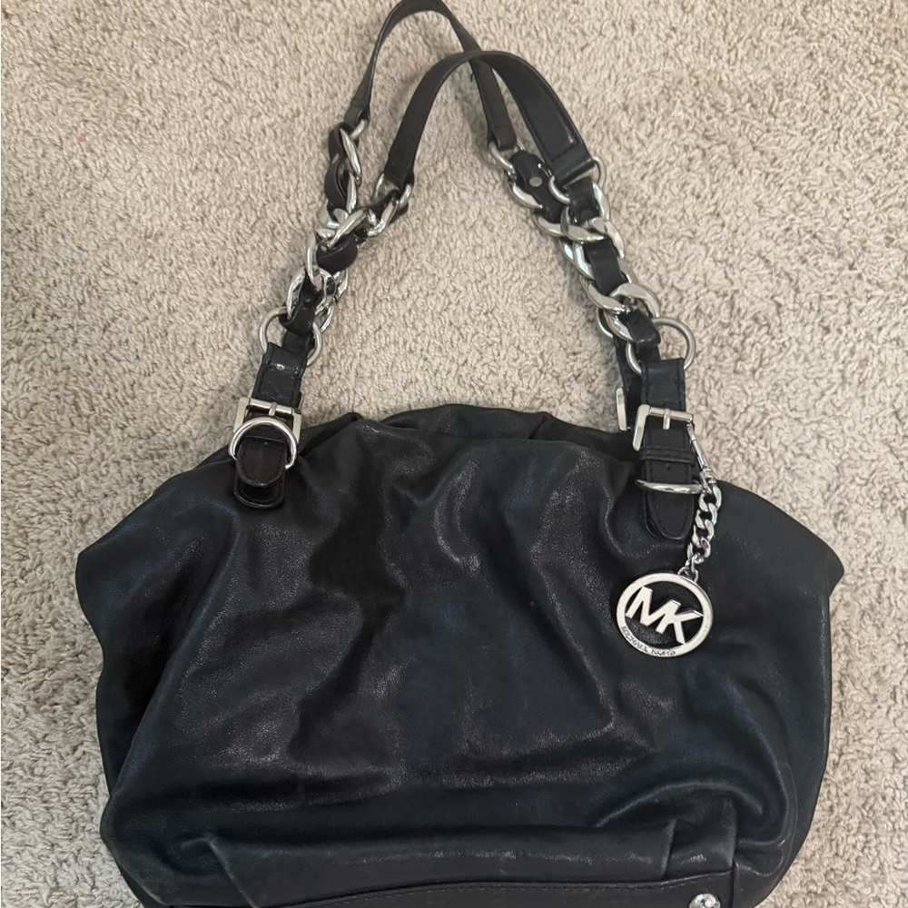 Michael Kors Black Leather Hobo Shoulder Bag with Silver Accents